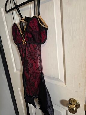Passion Forever Red Lace Black Trim Bustier Teddy Size Large